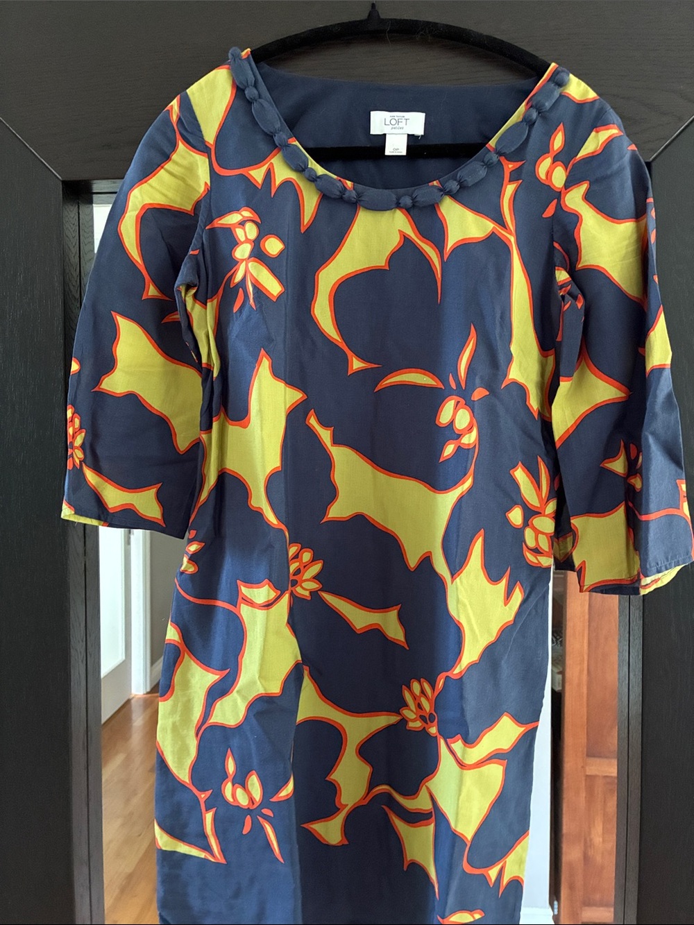 LOFT Navy, Lime & Orange Floral 3/4 Sleeve Sheath Dress, Sz: 0P